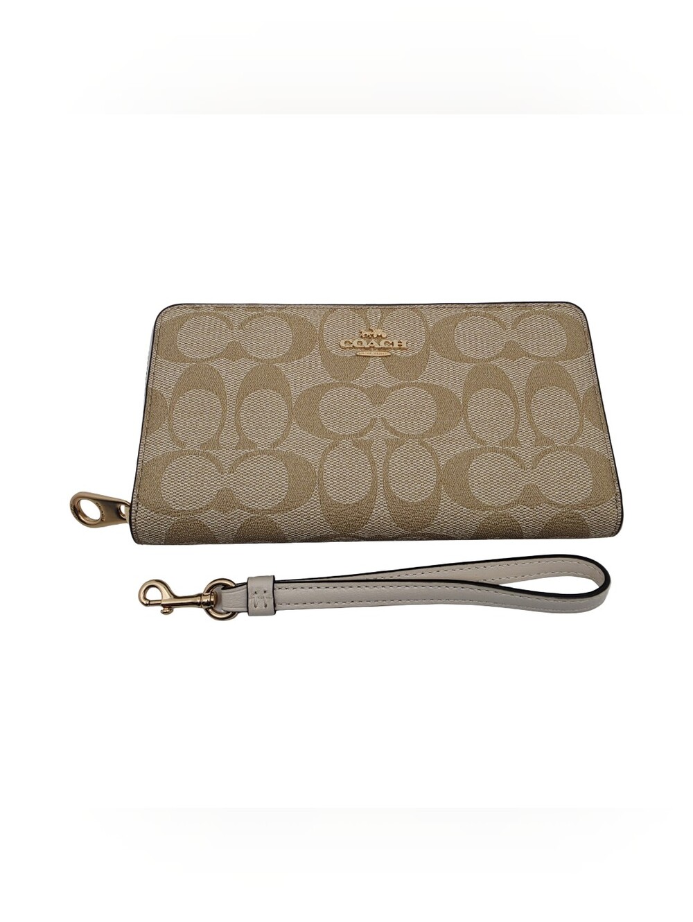 Coach Signature Canvas Long Zip Around Wristlet Wallet Khaki Chalk C4452